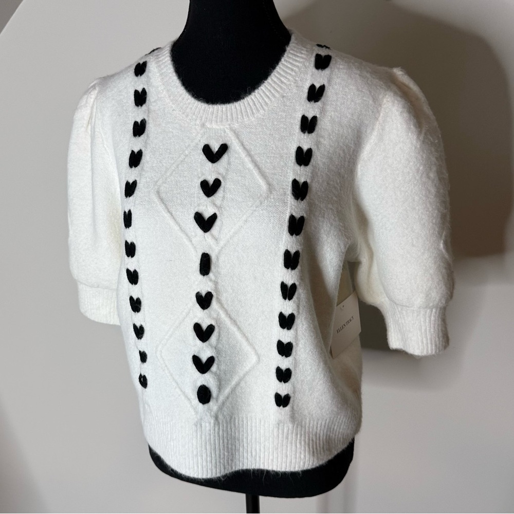 ELLEN TRACY New Puff Short Sleeve White Black Heart Crop Knit Sweater Sz Large - Picture 7 of 11